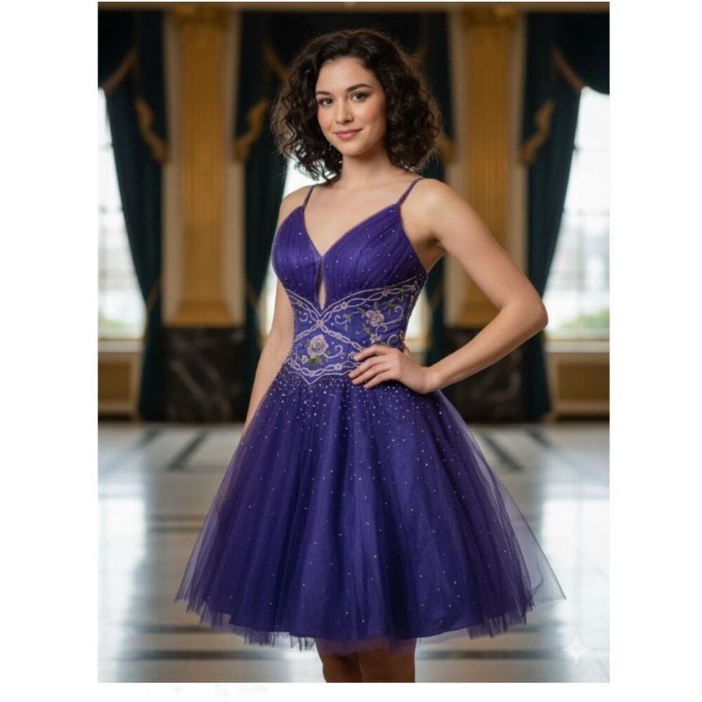 Le Gala by Mon Cheri Cocktail Dress Purple Beaded Sequined Bridesmaid Prom Sz 8
